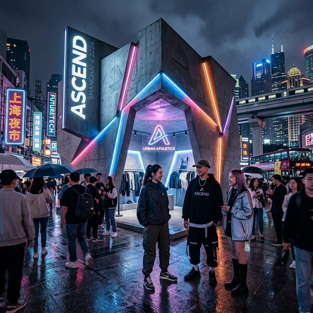 A futuristic brutalist retail pop-up on a bustling Shanghai street