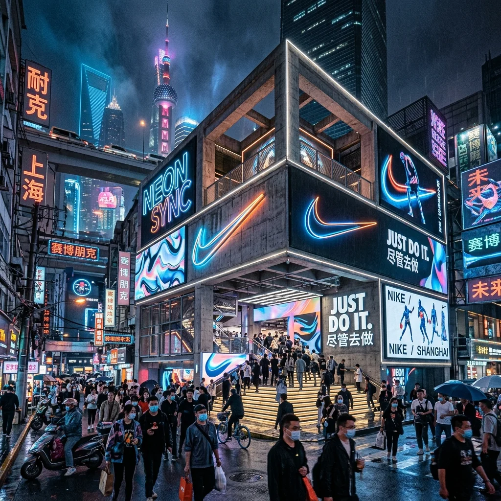 A highly stylized, cyberpunk-inspired photograph of a massive, futuristic Nike pop-up shop located in a bustling Chinese metropolis like Shanghai. The architecture is brutalist concrete mixed with glowing neon lights and digital screens displaying abstract streetwear designs.