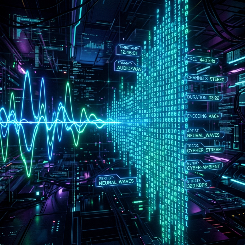 Futuristic soundwaves transforming into digital binary code representing AI audio metadata tagging.