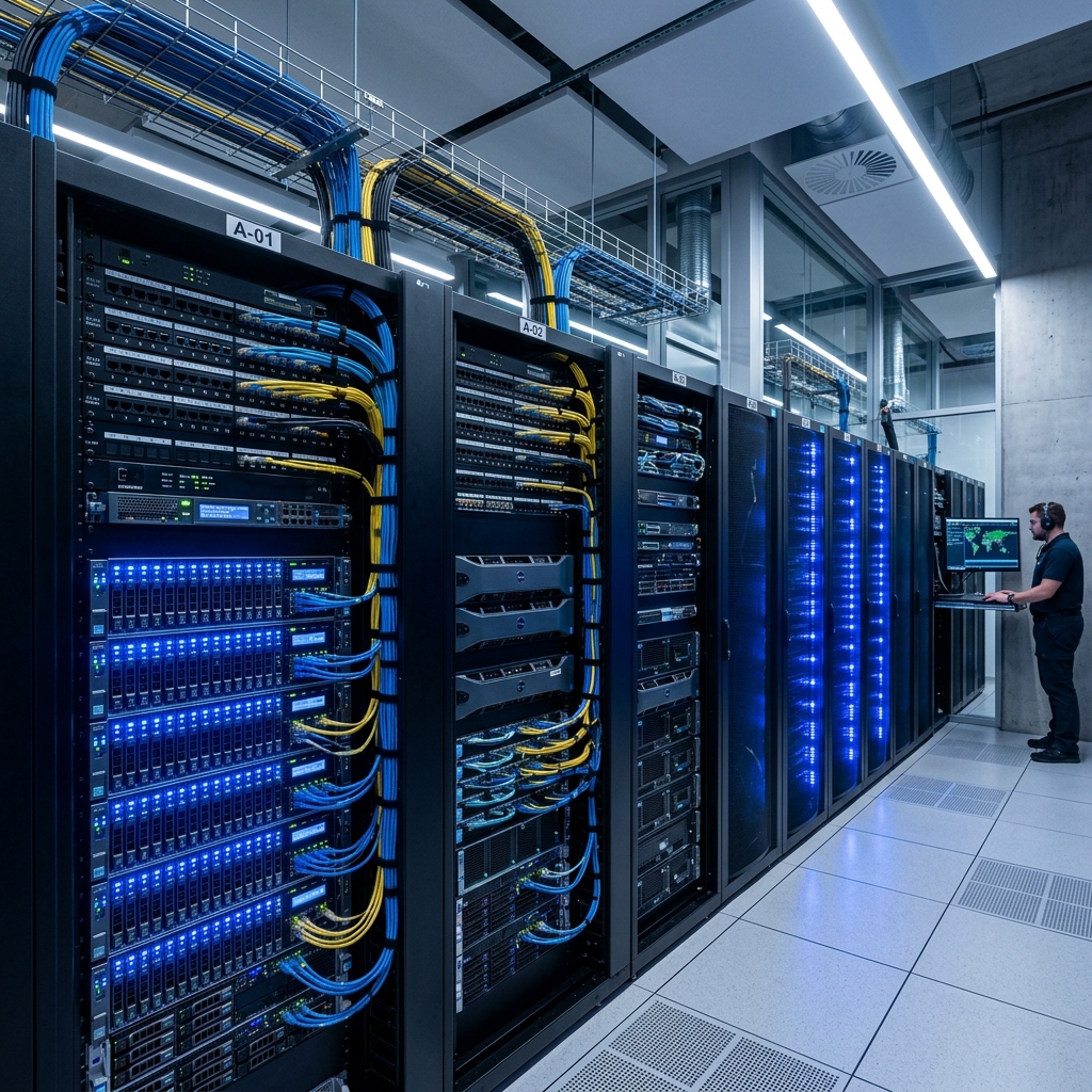 A sleek server rack room inside a modern tech facility with glowing blue LED status lights