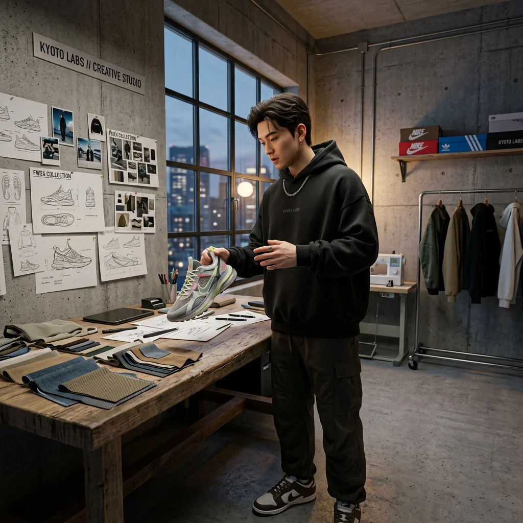 A stylish streetwear designer working on sneaker silhouettes