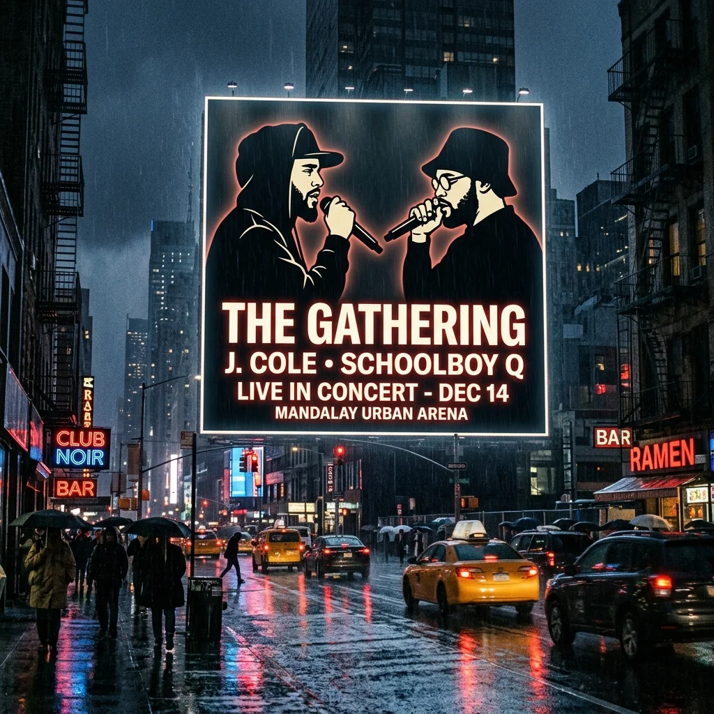 A highly cinematic, photorealistic shot of a massive, glowing minimalist billboard overlooking a dark, rainy city street at night, featuring stylized silhouette avatars resembling rap legends J. Cole and Schoolboy Q.
