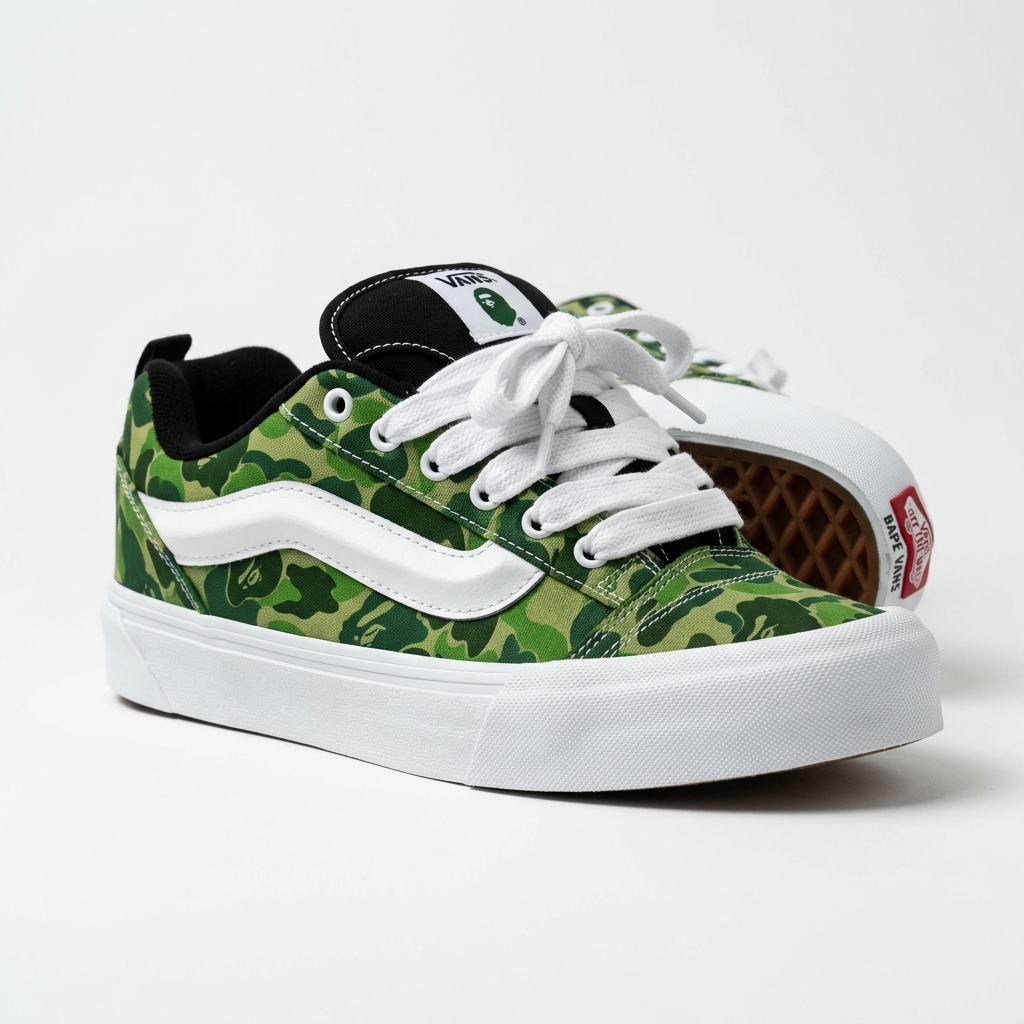 A professional studio shot of the Vans BAPE Knu Skool camo sneaker.