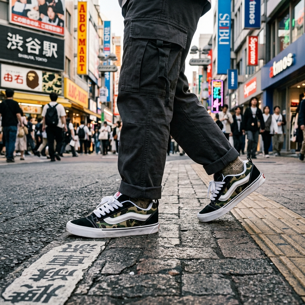 A person’s feet wearing the Vans BAPE Knu Skool sneakers walking down a clean city street in Tokyo