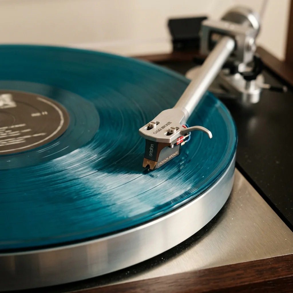 Close-up of a heavyweight colored vinyl record spinning on a luxury turntable