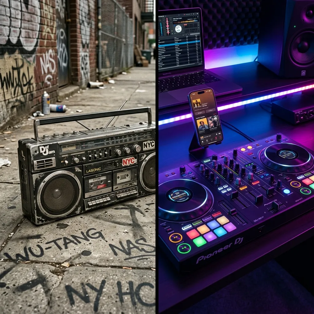 A side-by-side split image showing a vintage 90s boombox and a futuristic modern DJ setup, illustrating the generational divide.