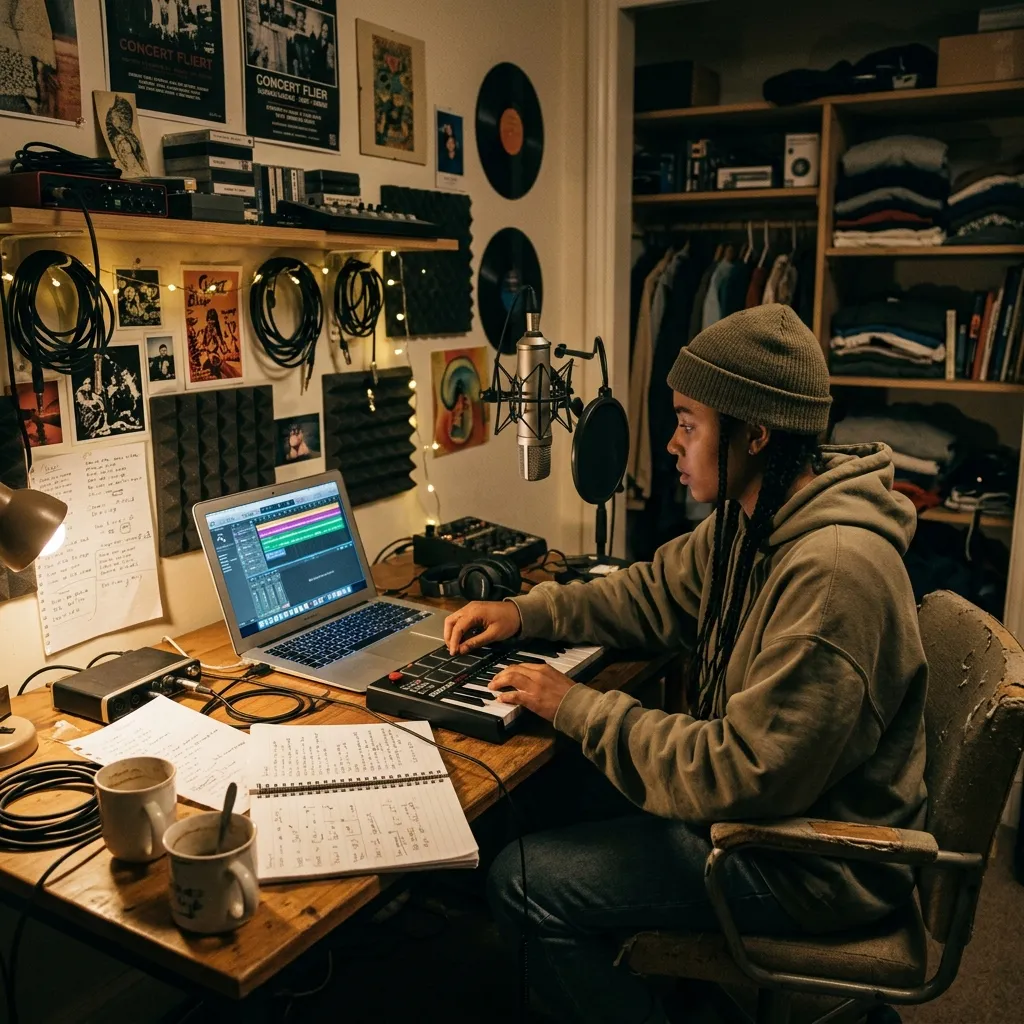 A moody bedroom recording studio featuring a laptop with a DAW, a condenser microphone, and a MIDI keyboard resting on a desk.