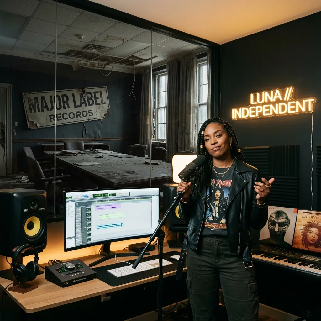 A vintage microphone standing alone in a spotlight, representing the power of the independent artist.