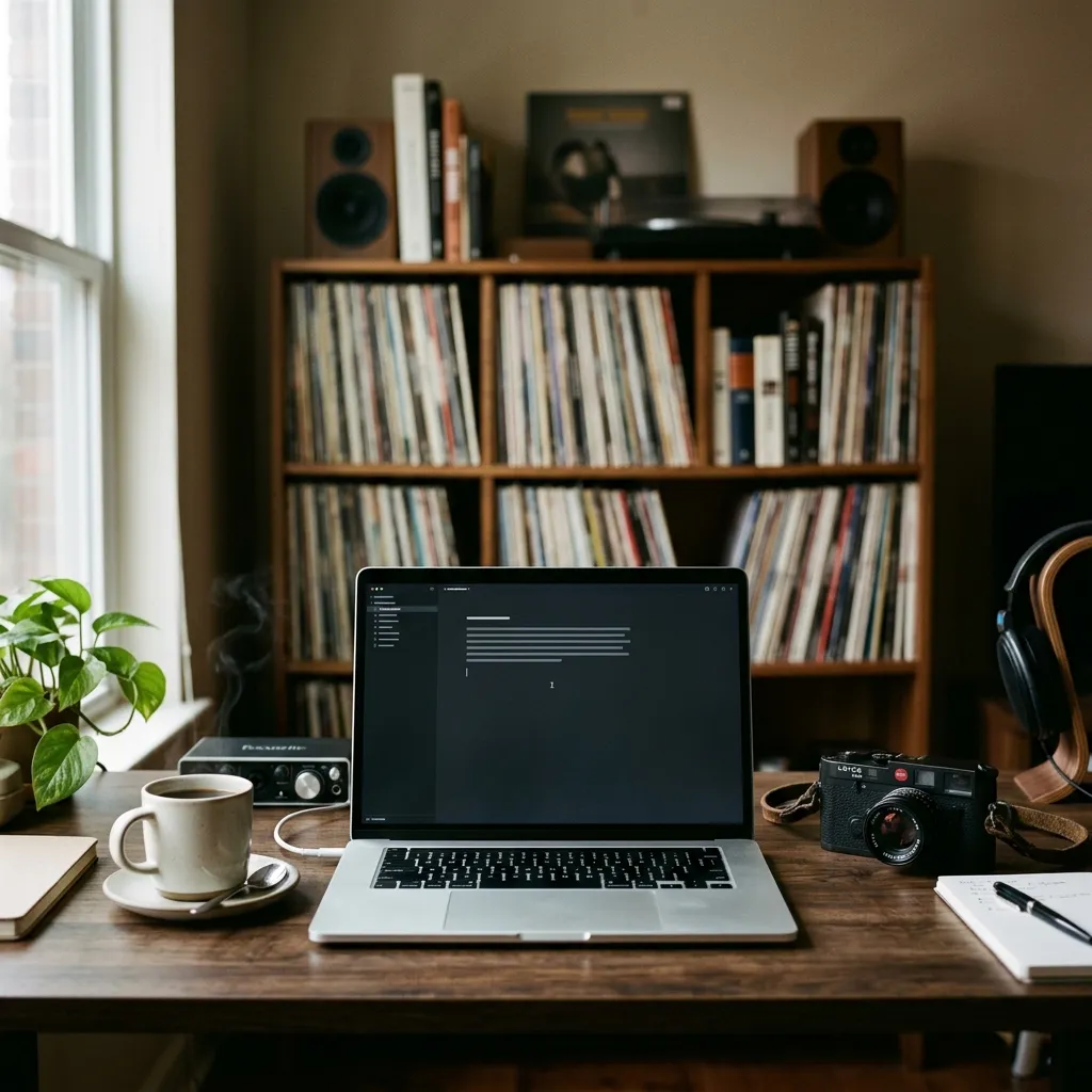 A glowing laptop screen illuminating a dark studio space, symbolizing the integration of advanced software in modern music creation.