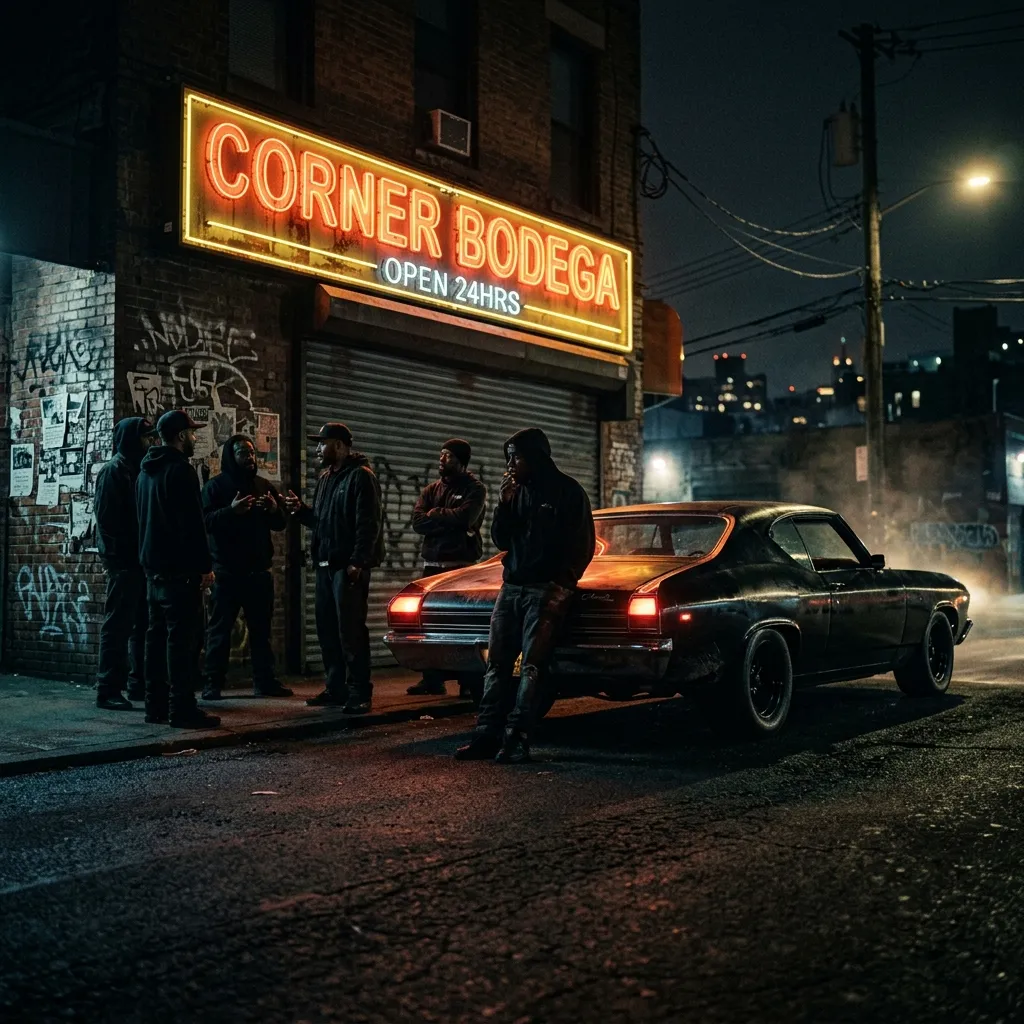 A group of artists standing in the shadows of a dimly lit urban street next to a vintage muscle car under a neon bodega sign.