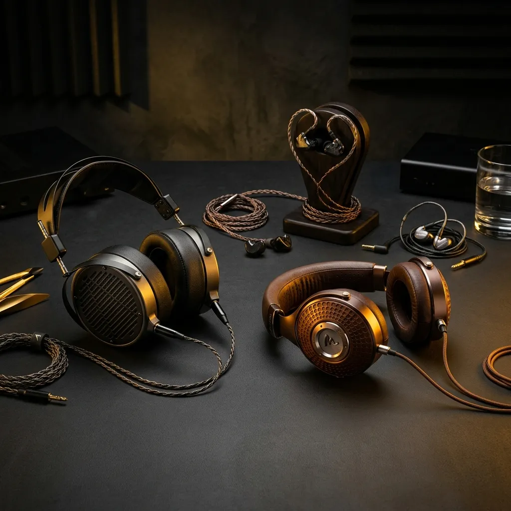 Collection of premium headphones arranged on a dark surface