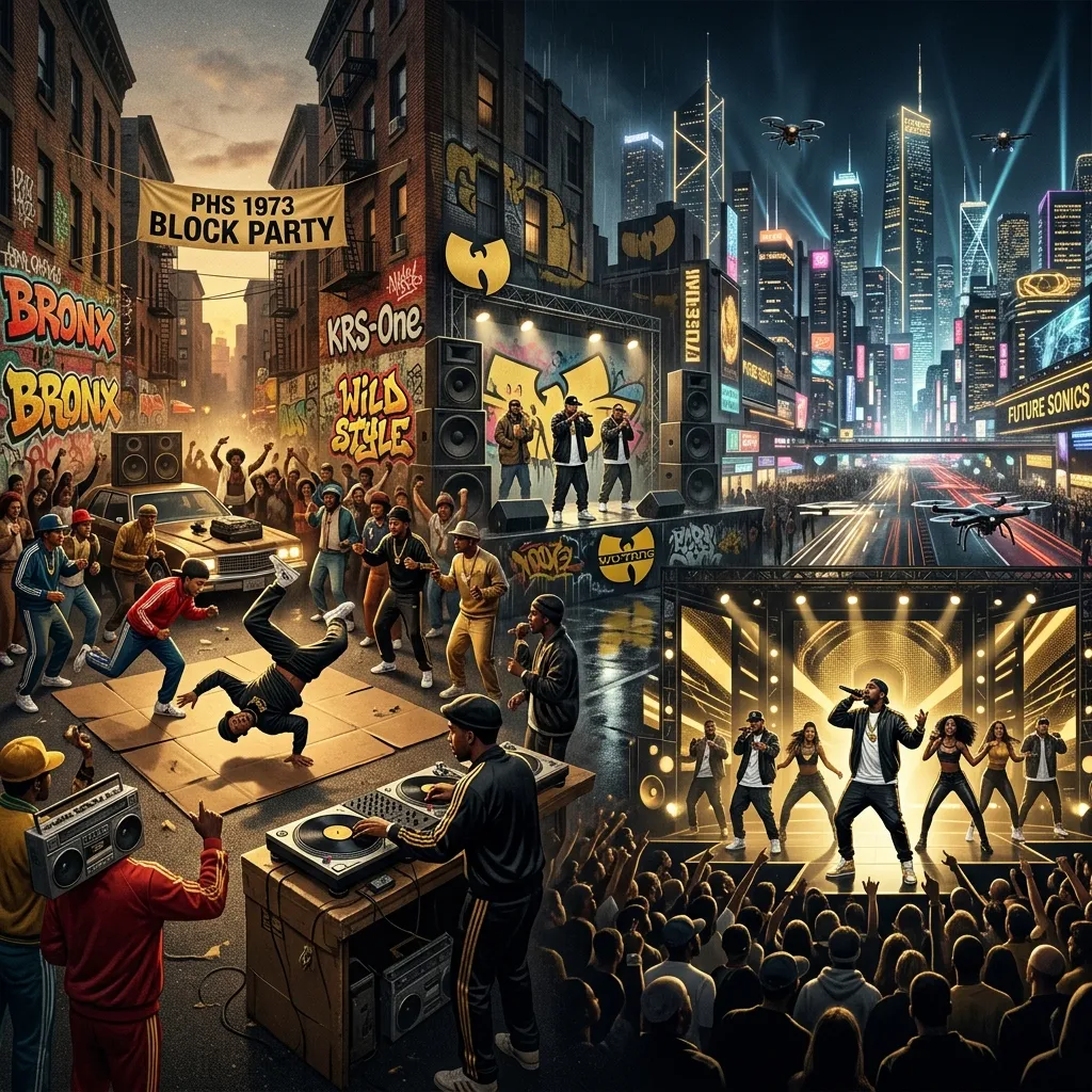 A collage representing the evolution of hip-hop culture from the 1970s to present day