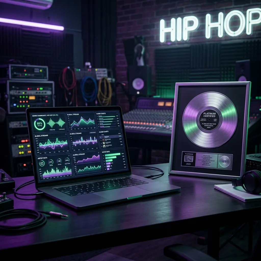 A high-end laptop screen displaying complex streaming data graphs resting on a studio desk next to a platinum record plaque.