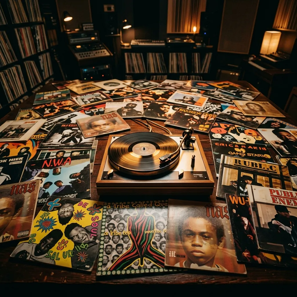 A collection of classic hip-hop vinyl records scattered around a premium vintage turntable.
