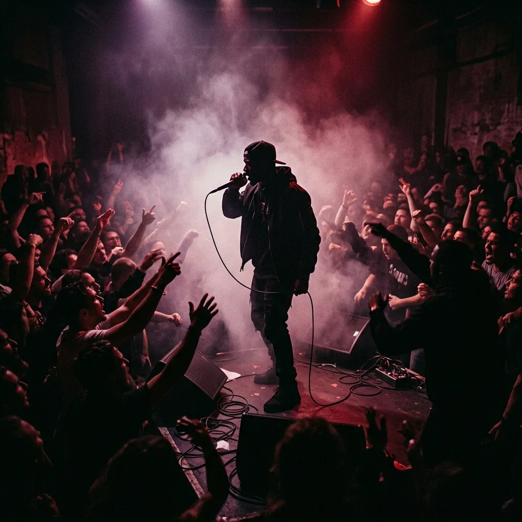 A silhouetted rapper performing on a small, dimly lit stage surrounded by dense fog and a passionate crowd.